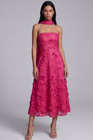 Laden Sie das Bild in den Galerie-Viewer, Blaues Trägerloses Appliquiertes Florales Midi Hochzeitsgastkleid mit Halsschal