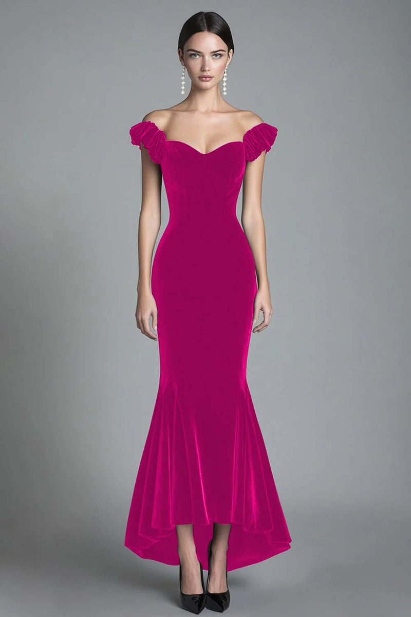 Laden Sie das Bild in den Galerie-Viewer, Schwarzes Langes Meerjungfrau Schulterfreies Samt Abendkleid