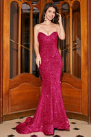 Laden Sie das Bild in den Galerie-Viewer, Langes Meerjungfrau Herzausschnitt Fuchsia Pailletten Ballkleid