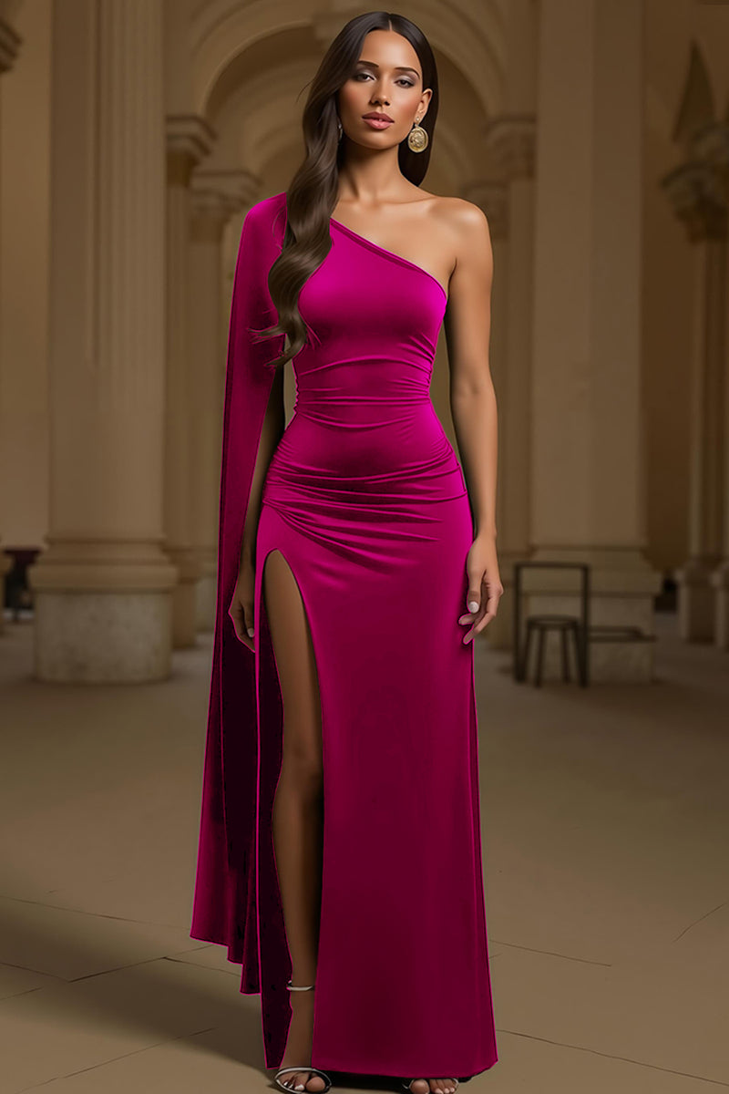 Laden Sie das Bild in den Galerie-Viewer, Dunkelgrünes Einschultriges Langärmeliges Festtags-Partykleid aus Samt mit Schlitz