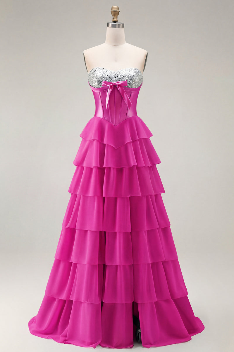 Laden Sie das Bild in den Galerie-Viewer, Rosa Trägerloses A-Linie Korsett Pailletten Langes Ballkleid mit Schlitz