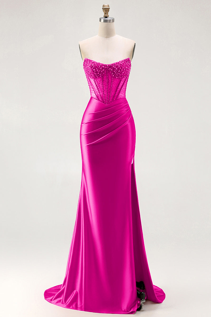 Laden Sie das Bild in den Galerie-Viewer, Rotes Trägerloses Meerjungfrauen Korsett Gerafftes Satin Langes Ballkleid mit Schlitz