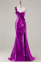 Laden Sie das Bild in den Galerie-Viewer, Metallisches Burgunderrotes Meerjungfrauen Langes Ballkleid mit seitlichem Schlitz und 3D-Blumen