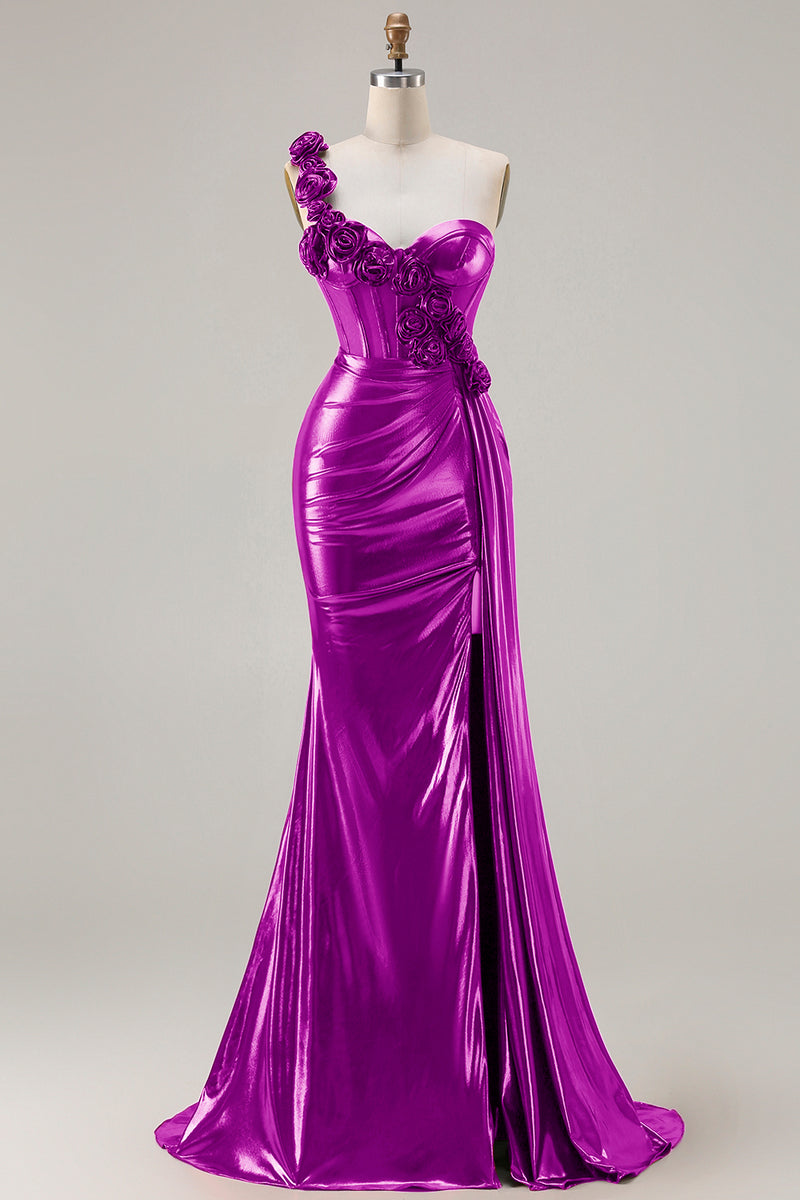 Laden Sie das Bild in den Galerie-Viewer, Metallisches Burgunderrotes Meerjungfrauen Langes Ballkleid mit seitlichem Schlitz und 3D-Blumen