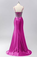 Laden Sie das Bild in den Galerie-Viewer, Glitzerndes Graues Blaues Meerjungfrauen Korsett Gerafftes Satin Langes Ballkleid mit Strasssteinen