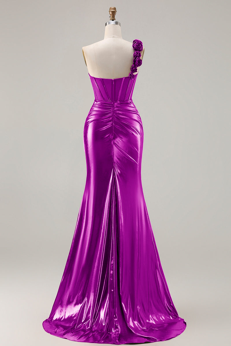 Laden Sie das Bild in den Galerie-Viewer, Metallisches Burgunderrotes Meerjungfrauen Langes Ballkleid mit seitlichem Schlitz und 3D-Blumen
