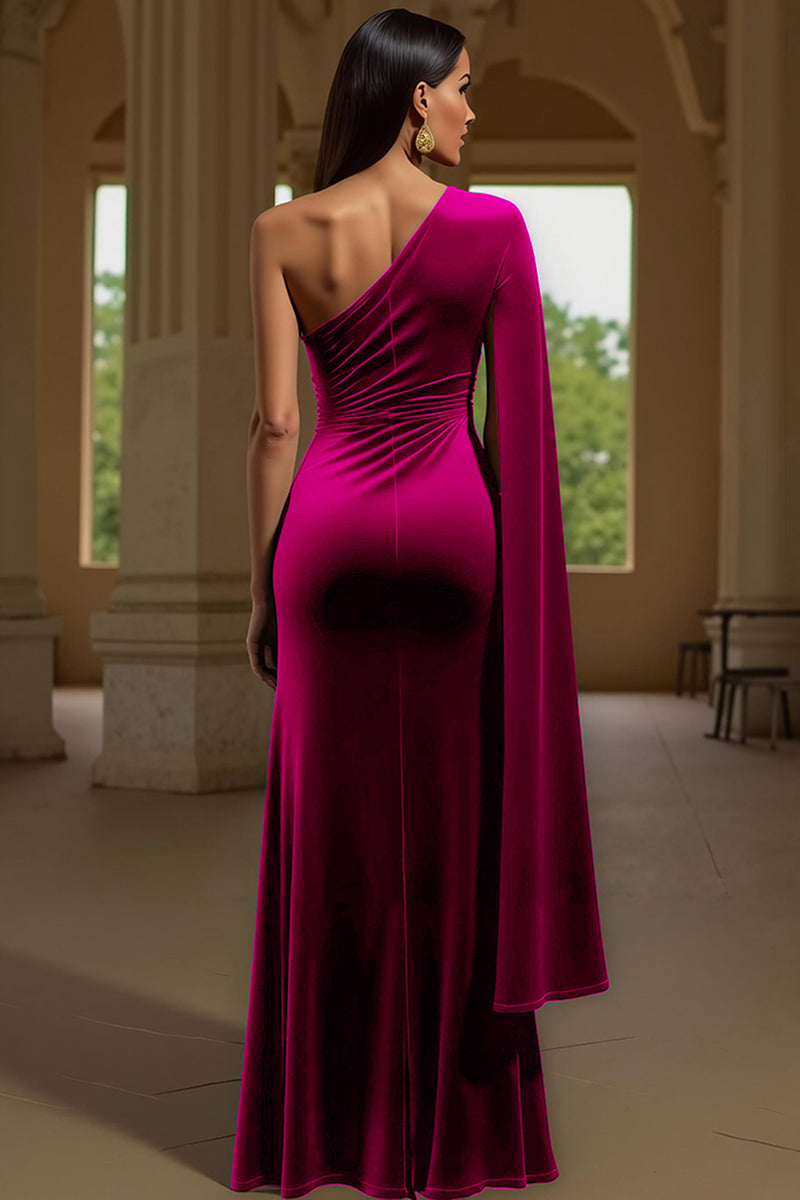 Laden Sie das Bild in den Galerie-Viewer, Dunkelgrünes Einschultriges Langärmeliges Festtags-Partykleid aus Samt mit Schlitz
