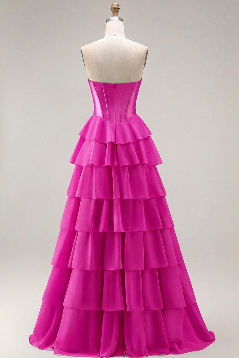 Laden Sie das Bild in den Galerie-Viewer, Rosa Trägerloses A-Linie Korsett Pailletten Langes Ballkleid mit Schlitz
