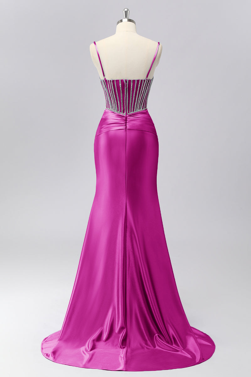 Laden Sie das Bild in den Galerie-Viewer, Glitzerndes Grau-blaues Spaghettiträger Meerjungfrauen Satin Ballkleid mit Strasssteinen