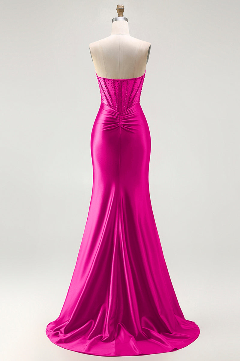 Laden Sie das Bild in den Galerie-Viewer, Rotes Trägerloses Meerjungfrauen Korsett Gerafftes Satin Langes Ballkleid mit Schlitz