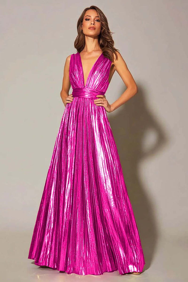 Laden Sie das Bild in den Galerie-Viewer, Goldenes Metallic A-Linie Plissee Ballkleid