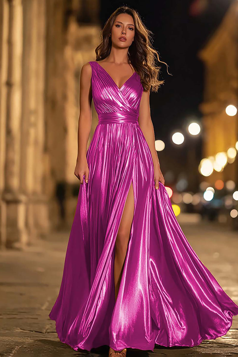 Laden Sie das Bild in den Galerie-Viewer, Metallisches Goldenes V-Ausschnitt A-Linie Langes Ballkleid mit Schlitz