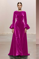 Laden Sie das Bild in den Galerie-Viewer, Dunkelgrünes A-Linie Rundhalsausschnitt Lange Ärmel Samt Ballkleider