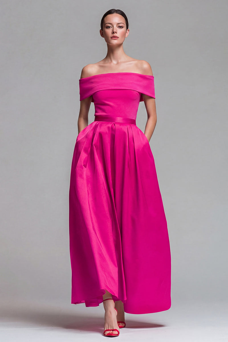Laden Sie das Bild in den Galerie-Viewer, Schulterfreies Fuchsia und Rot A-Linie Midi Festkleid