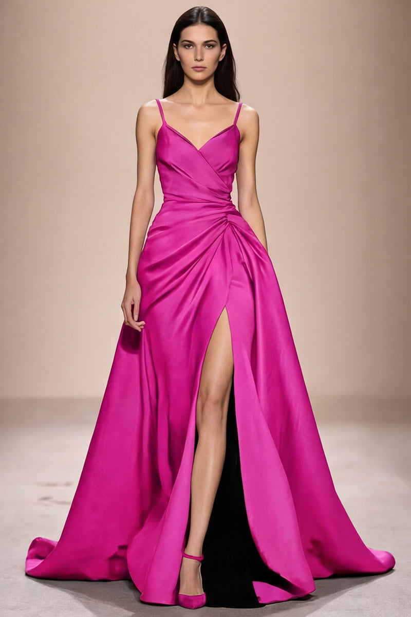 Laden Sie das Bild in den Galerie-Viewer, Dunkelblaues Spaghettiträgern Abendkleid aus Satin in A-Linie mit Schlitz