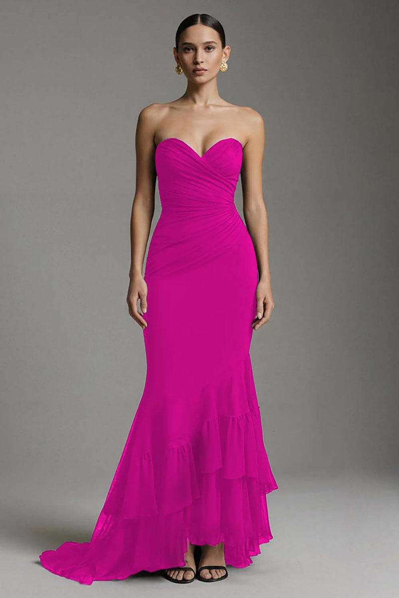 Laden Sie das Bild in den Galerie-Viewer, Schwarzes Herzausschnitt Mermaid Sweep Train Langes Ballkleid mit Rüschen