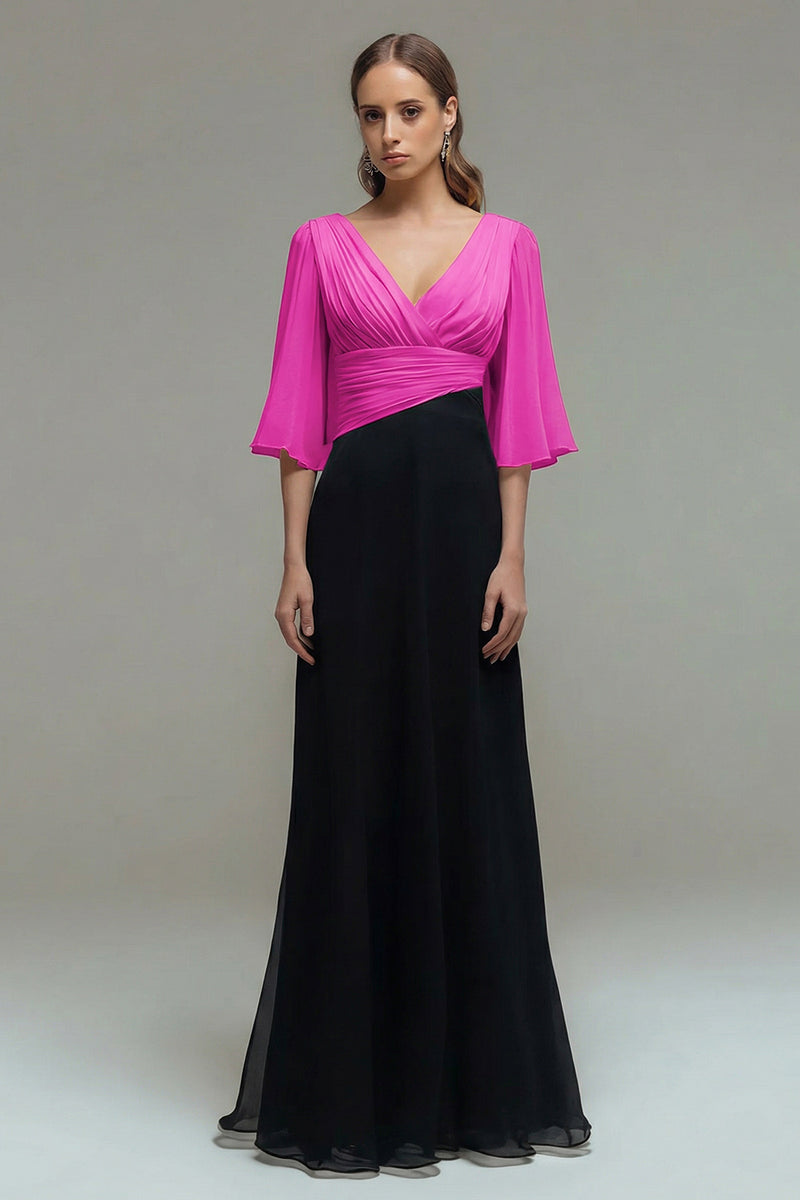 Laden Sie das Bild in den Galerie-Viewer, Schwarz Weiß Chiffon Plissee A-Linie V-Ausschnitt Formelles Kleid