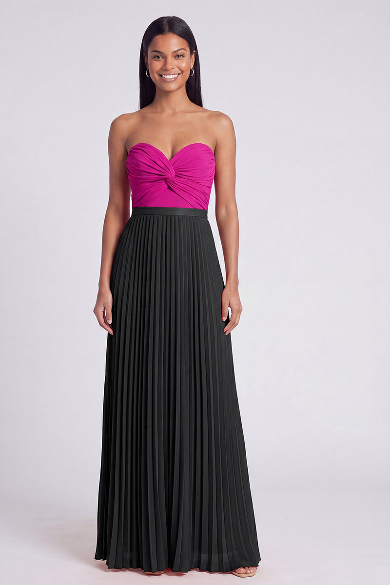 Laden Sie das Bild in den Galerie-Viewer, A-Linie Rosa und Orange Sweetheart Plissiertes Maxikleid mit Schleife