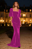 Laden Sie das Bild in den Galerie-Viewer, Marineblaues Meerjungfrau Quadratischer Ausschnitt Puffärmel Samt Langes Ballkleid