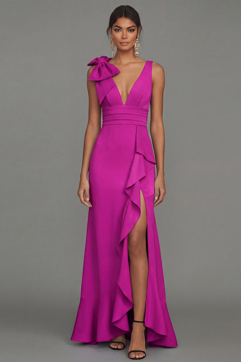 Laden Sie das Bild in den Galerie-Viewer, Dunkelgrünes V-Ausschnitt mit Rüschen und langem Festkleid mit Rüschen und Schlitz