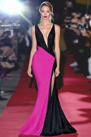 Laden Sie das Bild in den Galerie-Viewer, Schwarz-weißes Langes Etui Galakleid mit tiefem V-Ausschnitt