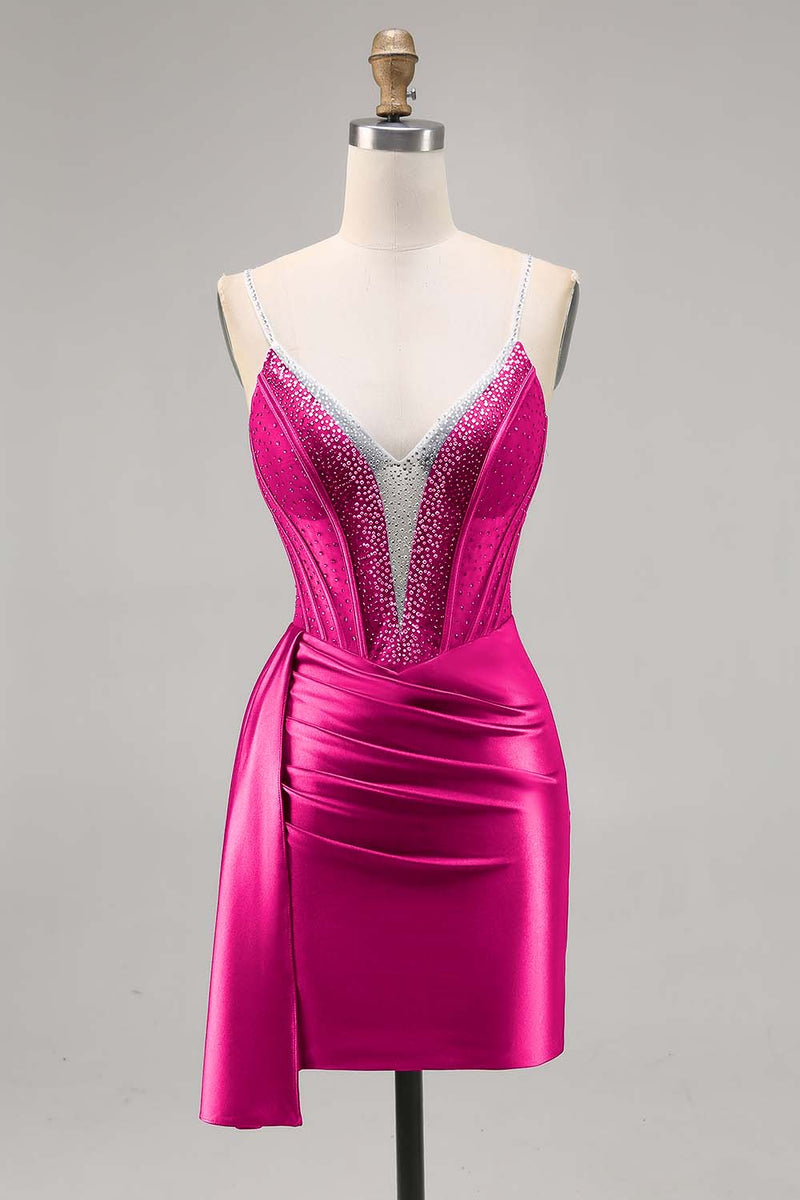 Laden Sie das Bild in den Galerie-Viewer, Marineblaues Satin Korsett Cocktailkleid mit Perlen und Schärpe