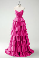 Laden Sie das Bild in den Galerie-Viewer, Burgundy Prinzessinnen Herzausschnitt Perlenbesetztes Gestuftes Korsett Langes Ballkleid mit Schlitz