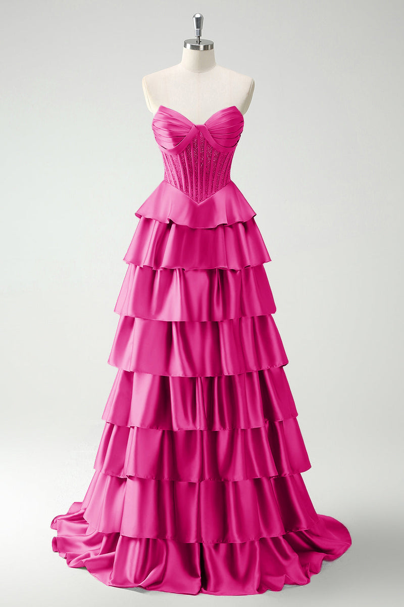 Laden Sie das Bild in den Galerie-Viewer, Burgundy Prinzessinnen Herzausschnitt Perlenbesetztes Gestuftes Korsett Langes Ballkleid mit Schlitz