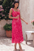Laden Sie das Bild in den Galerie-Viewer, Blaues Quadrathals Blumen Midi-Kleid mit Applikationen