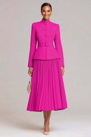 Laden Sie das Bild in den Galerie-Viewer, Hellrosa A-Linie 2-teiliges Plissiertes Arbeitskleid mit Gürtel