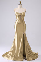 Laden Sie das Bild in den Galerie-Viewer, Fuchsia Trägerloses Satin Meerjungfrauen Korsett Langes Übergröße Ballkleid mit Schlitz
