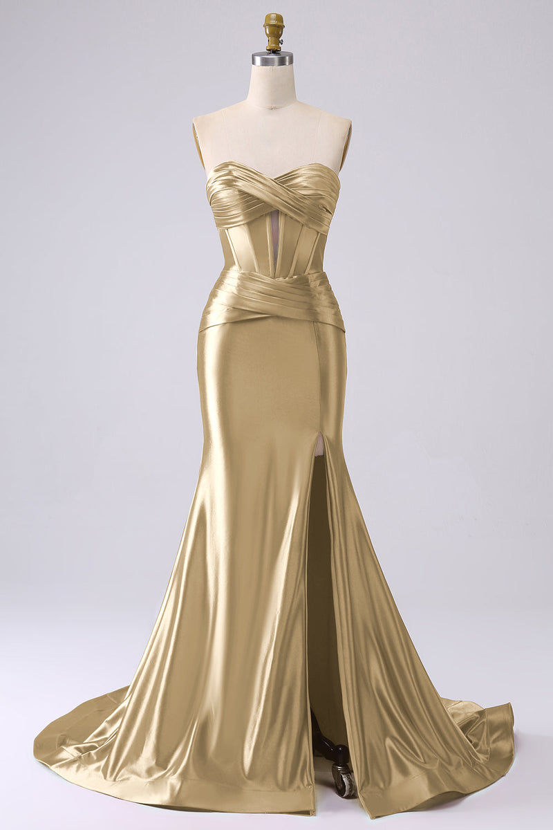 Laden Sie das Bild in den Galerie-Viewer, Fuchsia Trägerloses Satin Meerjungfrauen Korsett Langes Übergröße Ballkleid mit Schlitz