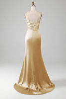 Laden Sie das Bild in den Galerie-Viewer, Salbeigrünes Spaghettiträger Satin Plissee Meerjungfrau Korsett Ballkleid