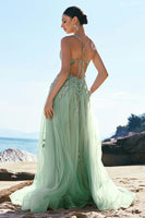 Laden Sie das Bild in den Galerie-Viewer, A Linie Spaghettiträger Grünes Langes Ballkleid mit Schnürung