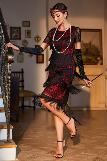 Schwarzrot Gatsby-Kleid mit Fransen und Flapper mit Perlen