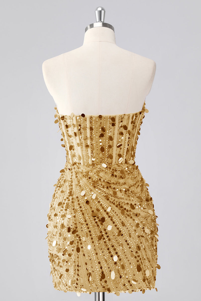 Laden Sie das Bild in den Galerie-Viewer, Glitzerndes Fuchsia Kurzes Trägerloses Enges Korsett Pailletten Cocktailkleid mit Perlenstickerei