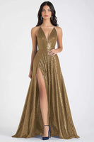 Laden Sie das Bild in den Galerie-Viewer, Glitzerndes Marineblaues A-Linie Spaghettiträger Pailletten Langes Ballkleid mit Schlitz