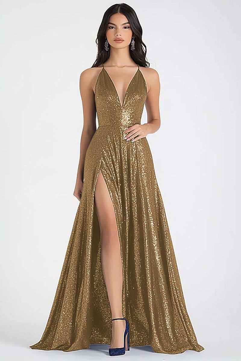 Laden Sie das Bild in den Galerie-Viewer, Glitzerndes Marineblaues A-Linie Spaghettiträger Pailletten Langes Ballkleid mit Schlitz