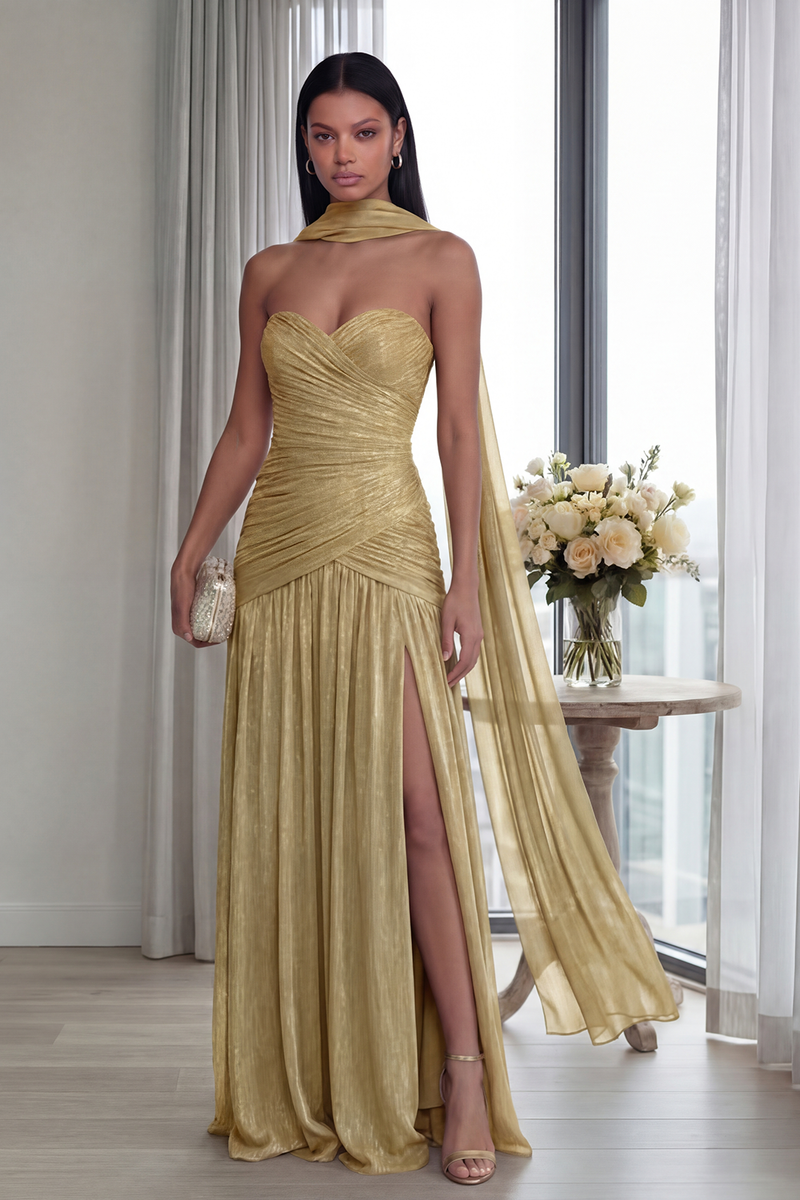 Laden Sie das Bild in den Galerie-Viewer, Staubiges Salbei Trägerloses Langes Formelle Kleidung mit Falten und Schlitz