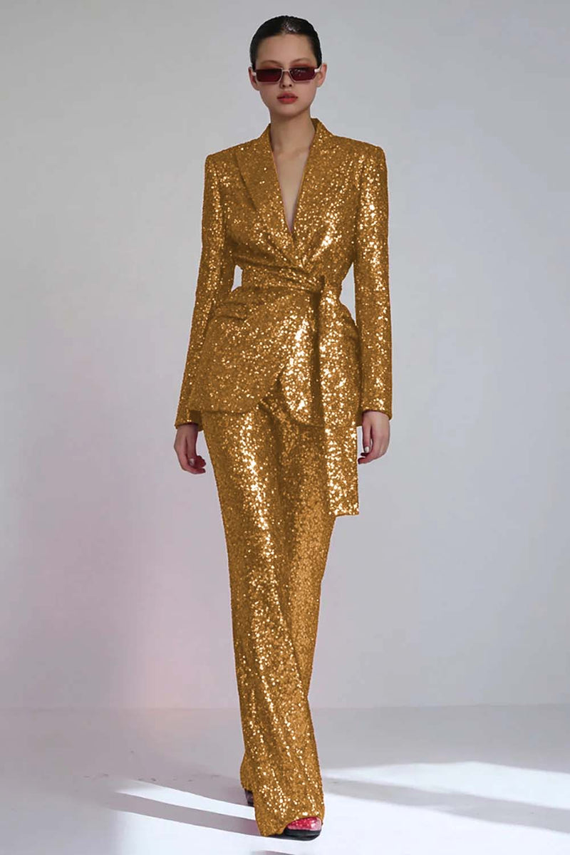 Laden Sie das Bild in den Galerie-Viewer, Glitzernde Rote 2-teilige Damen Ballanzüge mit Schärpe