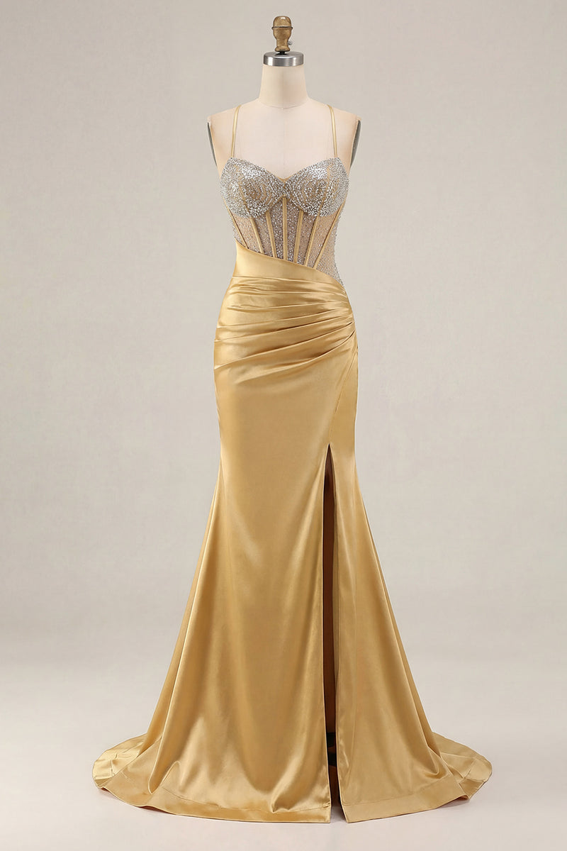 Laden Sie das Bild in den Galerie-Viewer, Rosa Perlen Meerjungfrauen Spaghettiträger Korsett Gerafftes Langes Ballkleid mit Schlitz