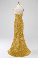 Laden Sie das Bild in den Galerie-Viewer, Rotes trägerloses Pailletten langes Meerjungfrauen Ballkleid mit Schlitz