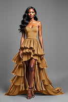 Laden Sie das Bild in den Galerie-Viewer, Spaghettiträger Schwarzes Langes Ballkleid mit Rüschen