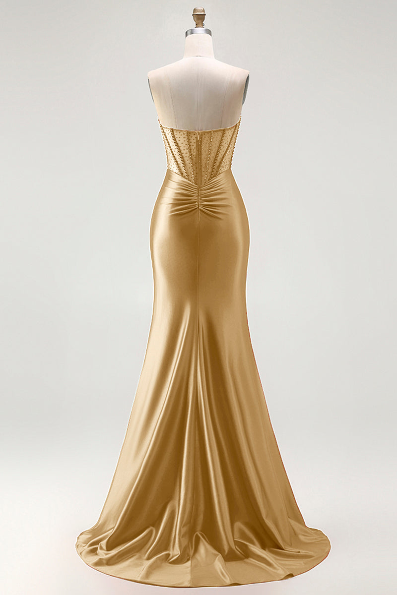 Laden Sie das Bild in den Galerie-Viewer, Rotes Trägerloses Meerjungfrauen Korsett Gerafftes Satin Langes Ballkleid mit Schlitz