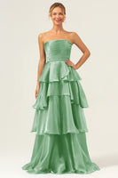 Laden Sie das Bild in den Galerie-Viewer, Dunkelblaues Langes A-Linie Trägerloses Gestuftes Satin Ballkleid