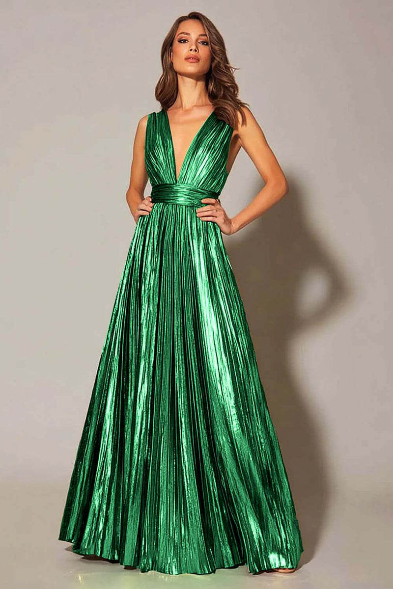 Laden Sie das Bild in den Galerie-Viewer, Goldenes Metallic A-Linie Plissee Ballkleid