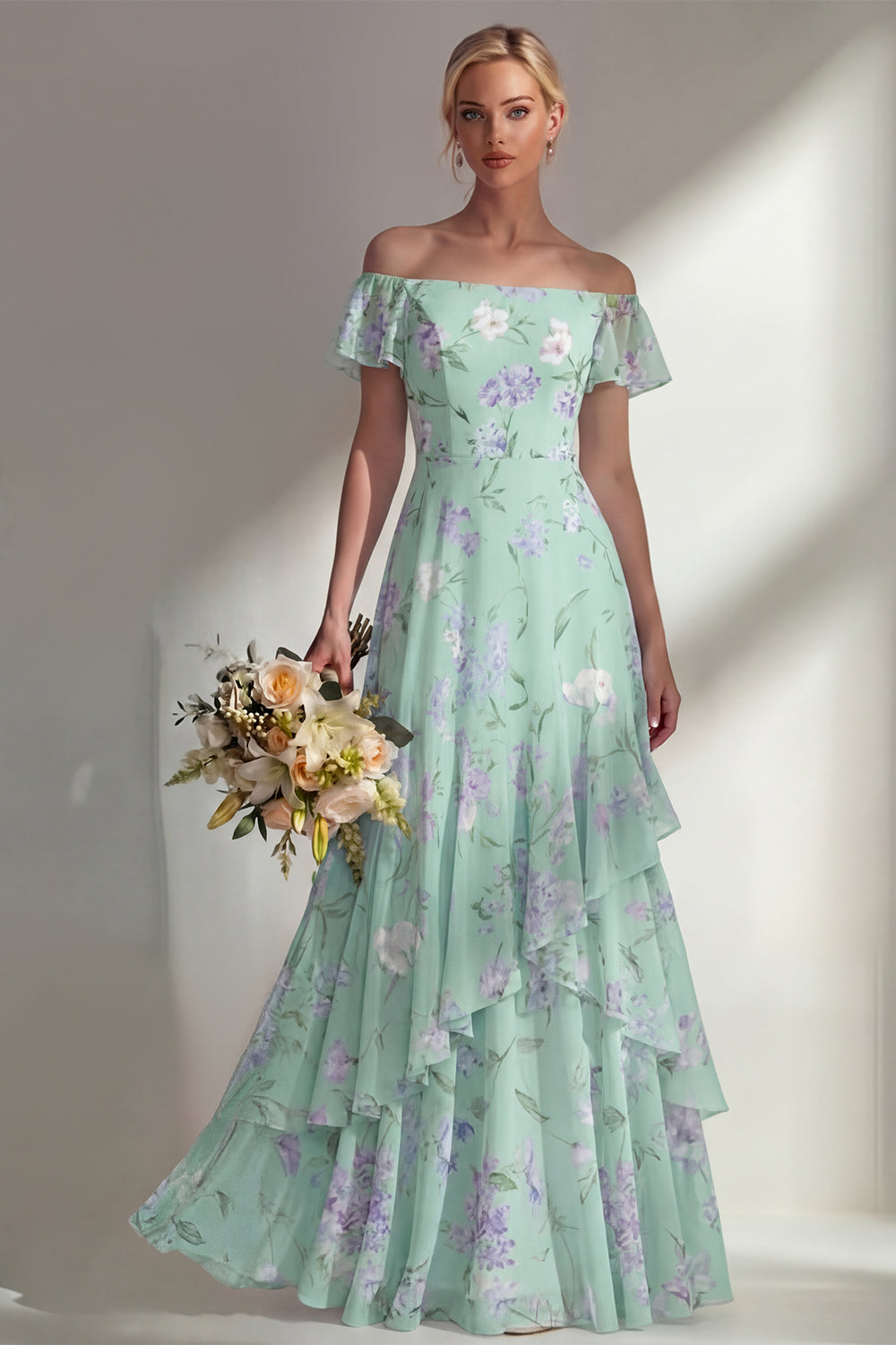 Grünes langes Brautjungfernkleid mit A-Linien-Chiffon mit Off-the-shoulder-Muster und Rüschen