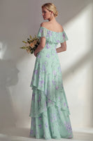 Laden Sie das Bild in den Galerie-Viewer, Grünes langes Brautjungfernkleid mit A-Linien-Chiffon mit Off-the-shoulder-Muster und Rüschen