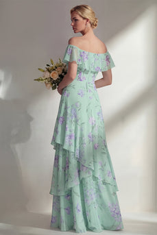 Grünes langes Brautjungfernkleid mit A-Linien-Chiffon mit Off-the-shoulder-Muster und Rüschen