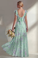 Laden Sie das Bild in den Galerie-Viewer, Ein langes Brautjungfernkleid mit blauem Chiffonmuster und Rüschen
